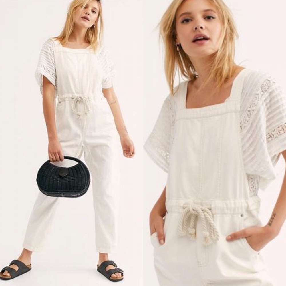 NWT Free People We The Free Jackie Cotton Linen Overalls White Size S